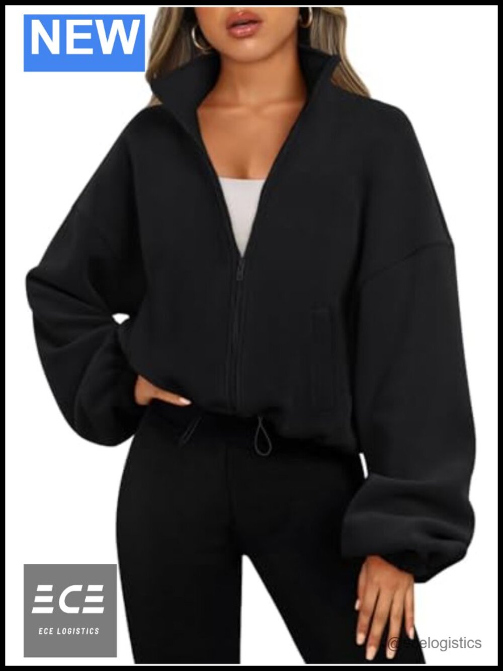 Oversized Cropped Fleece Jacket Full Zip Drop Shoulder Sweatshirt